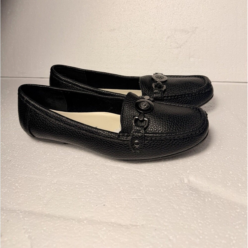 Anne Klein Obara Womens Black Pebbled Loafers Hardware Slip On Flats Size 10 M